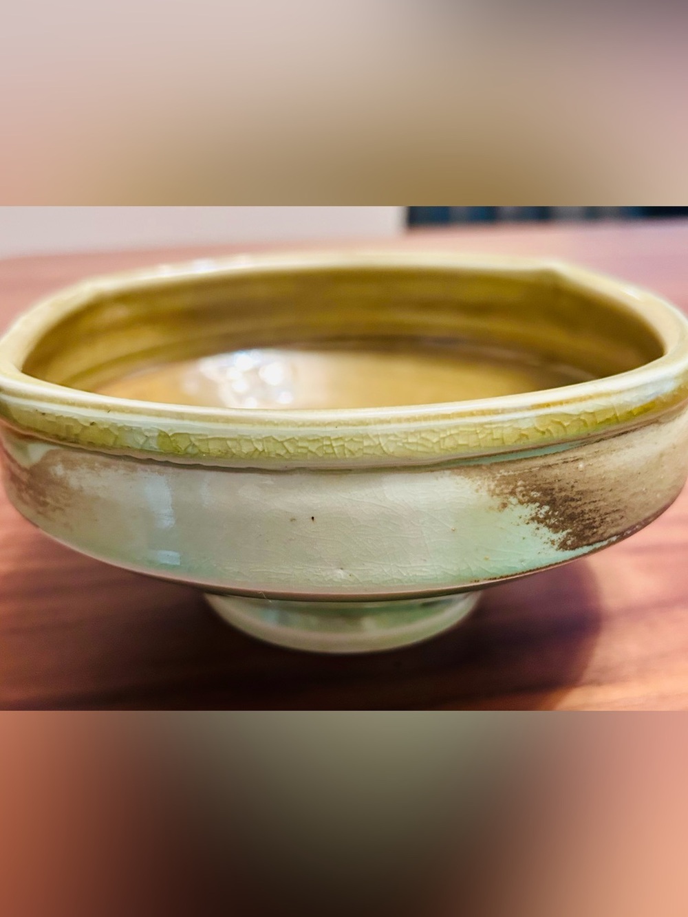 Vintage Studio Pottery Organic Square Footed Bowl Green Crackle Glaze 6”